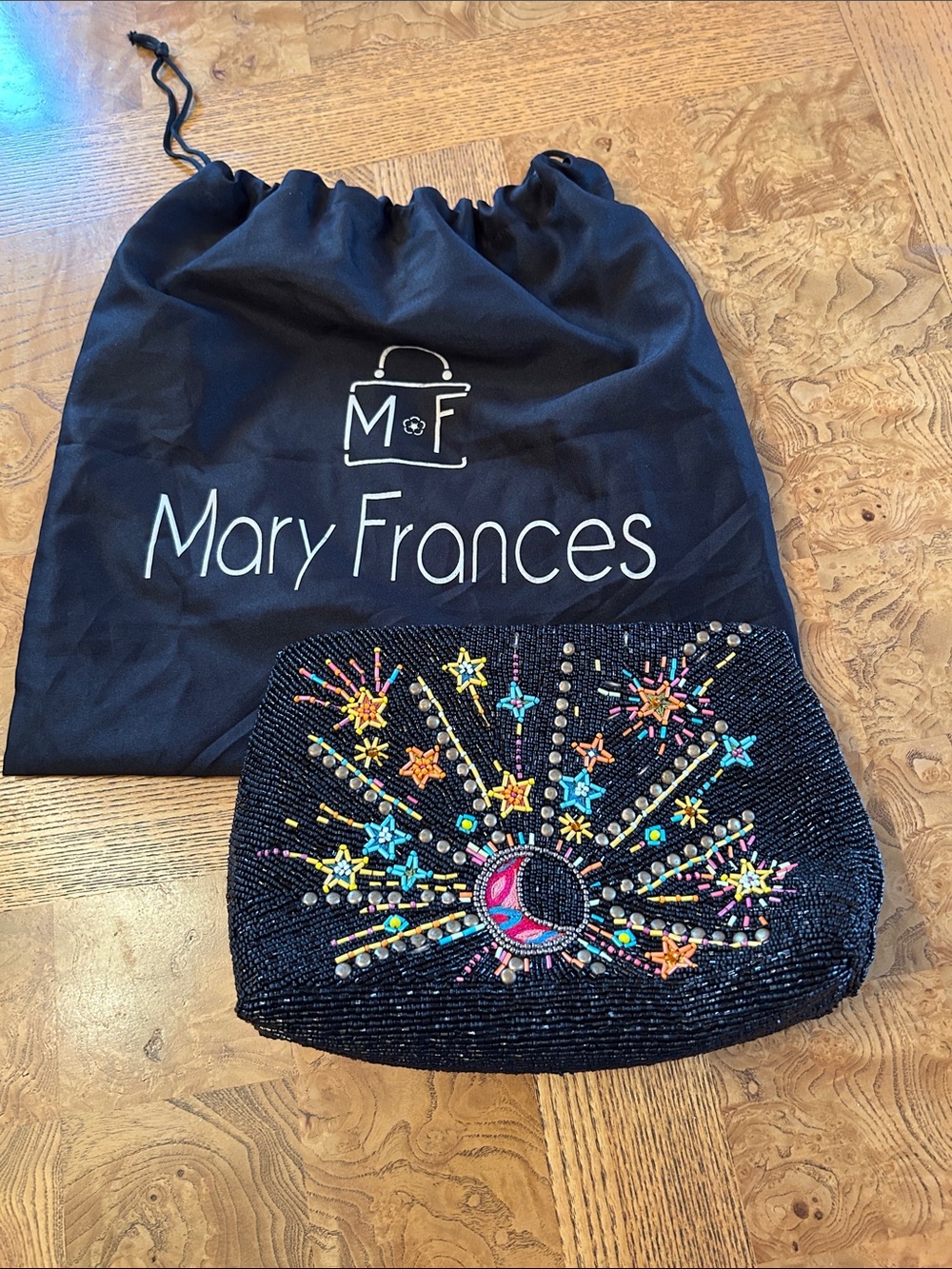 Mary Frances Black Beaded Celestial Clutch with Multicolor Starburst